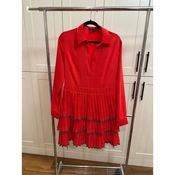 Vintage from Amsterdam | Nikkie Red Pleated Dress with Black Trim | EU Sz‎ 42 - Picture 1 of 6